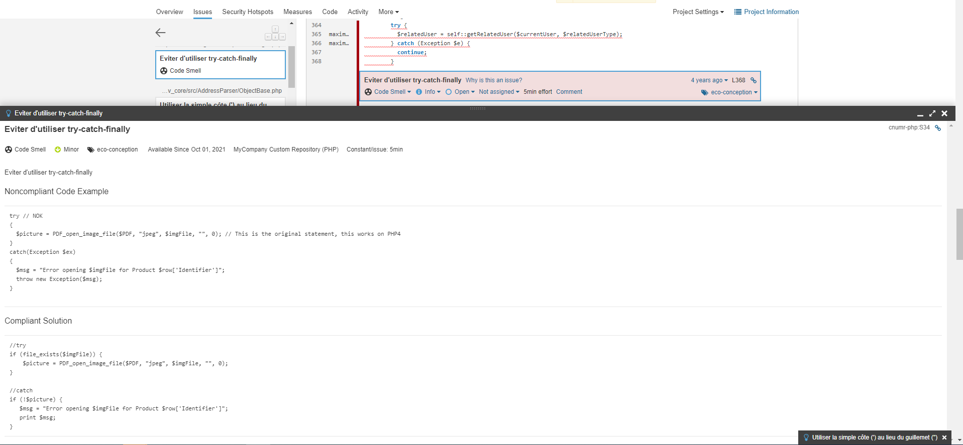 A screenshot of a violation detected by an ecoCode plugin in SonarQube